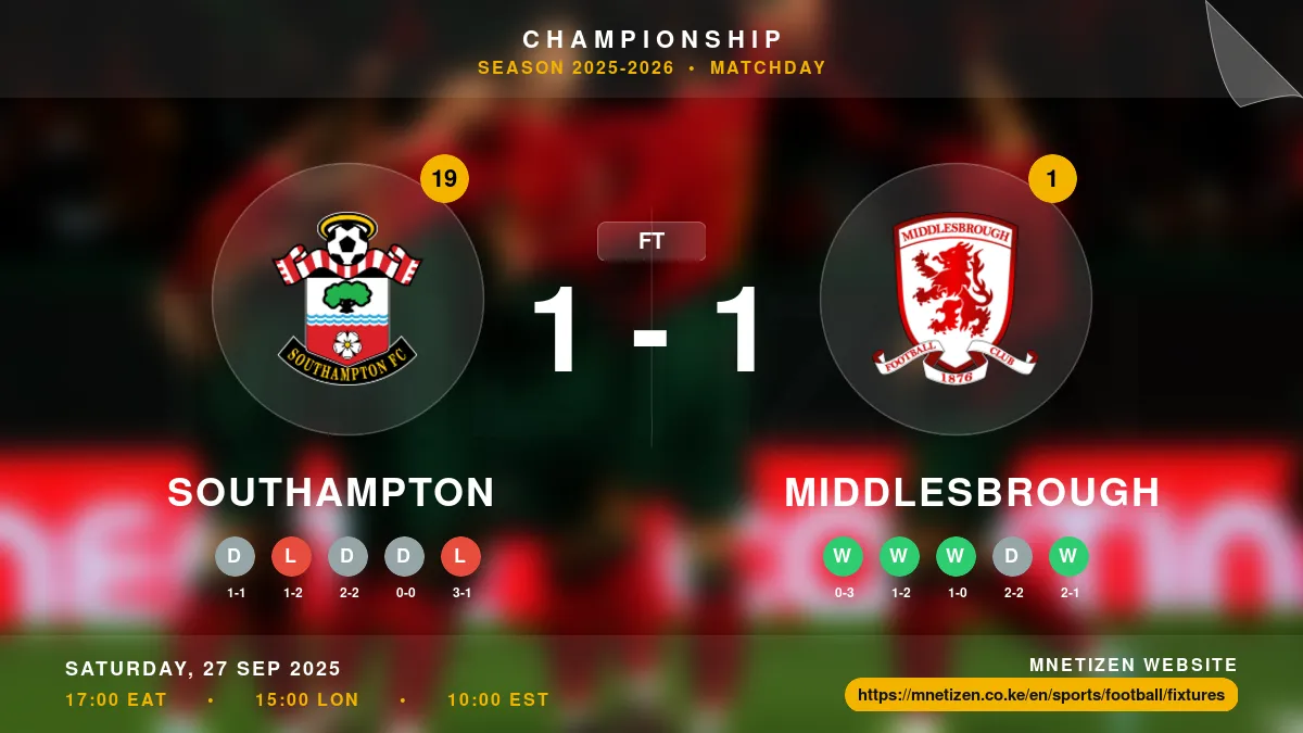 Southampton vs Middlesbrough Result